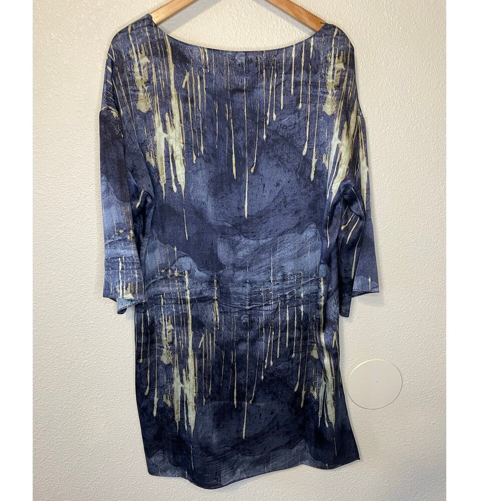 Go by Go Silk Boho Hi Low Deep Blue Abstract Design 3/4 Sleeve Square Cut Top M - Picture 2 of 11
